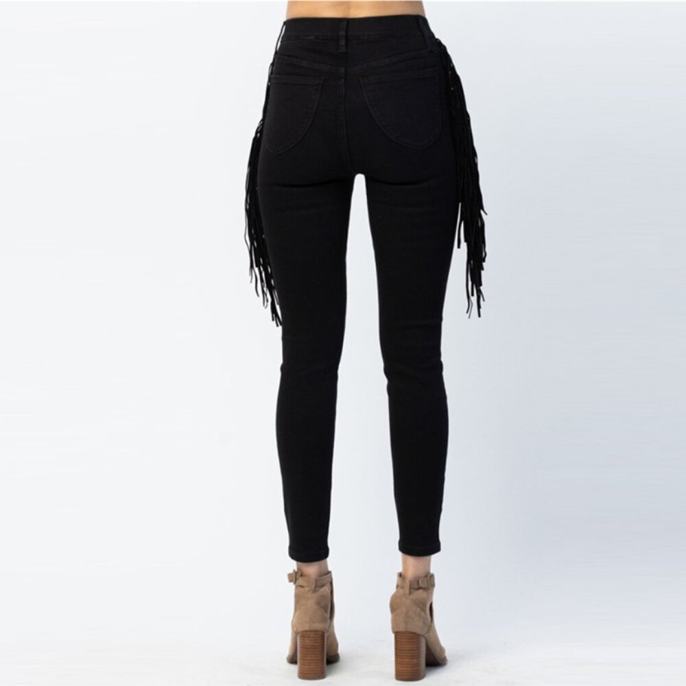 JUDY BLUE HI-RISE SIDE FRINGE SKINNY JEGGING - Picture 4 of 7